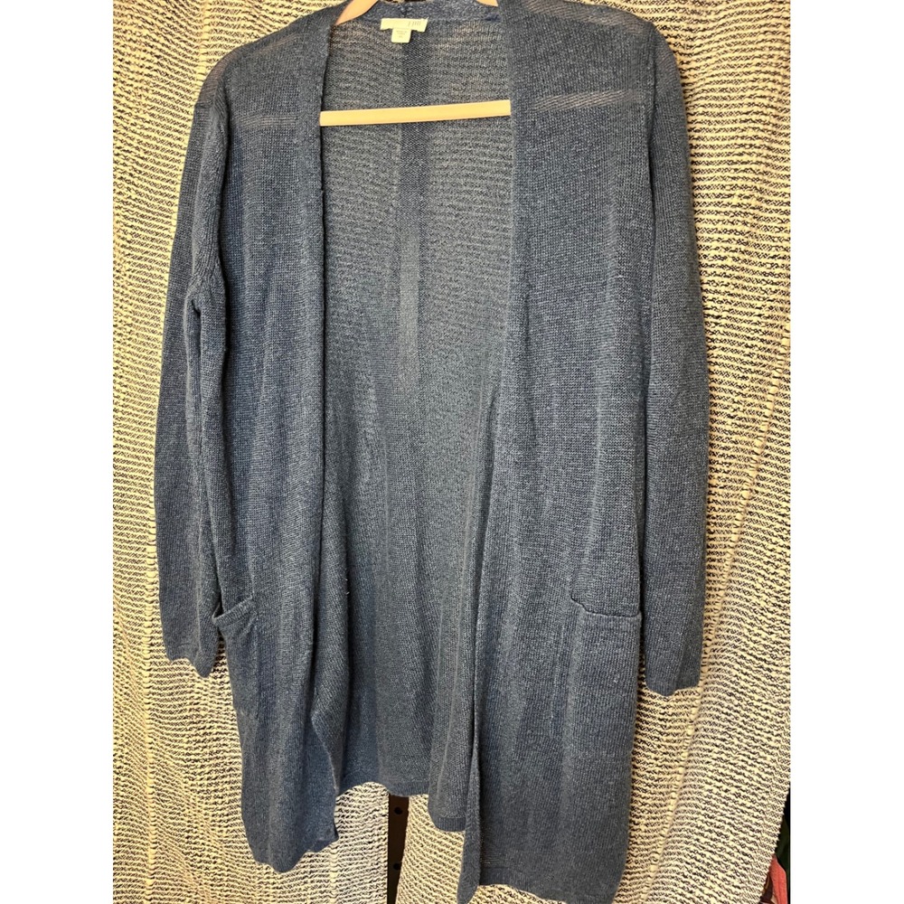 J‎ Jill Cardigan Sweater XS Blue Linen Blend Knit Open Front Pockets